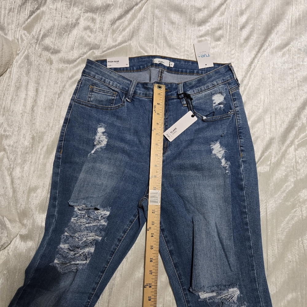 Distressed Blue Flare Jeans with Fringe By Rue Size 14 NWT - Picture 3 of 11